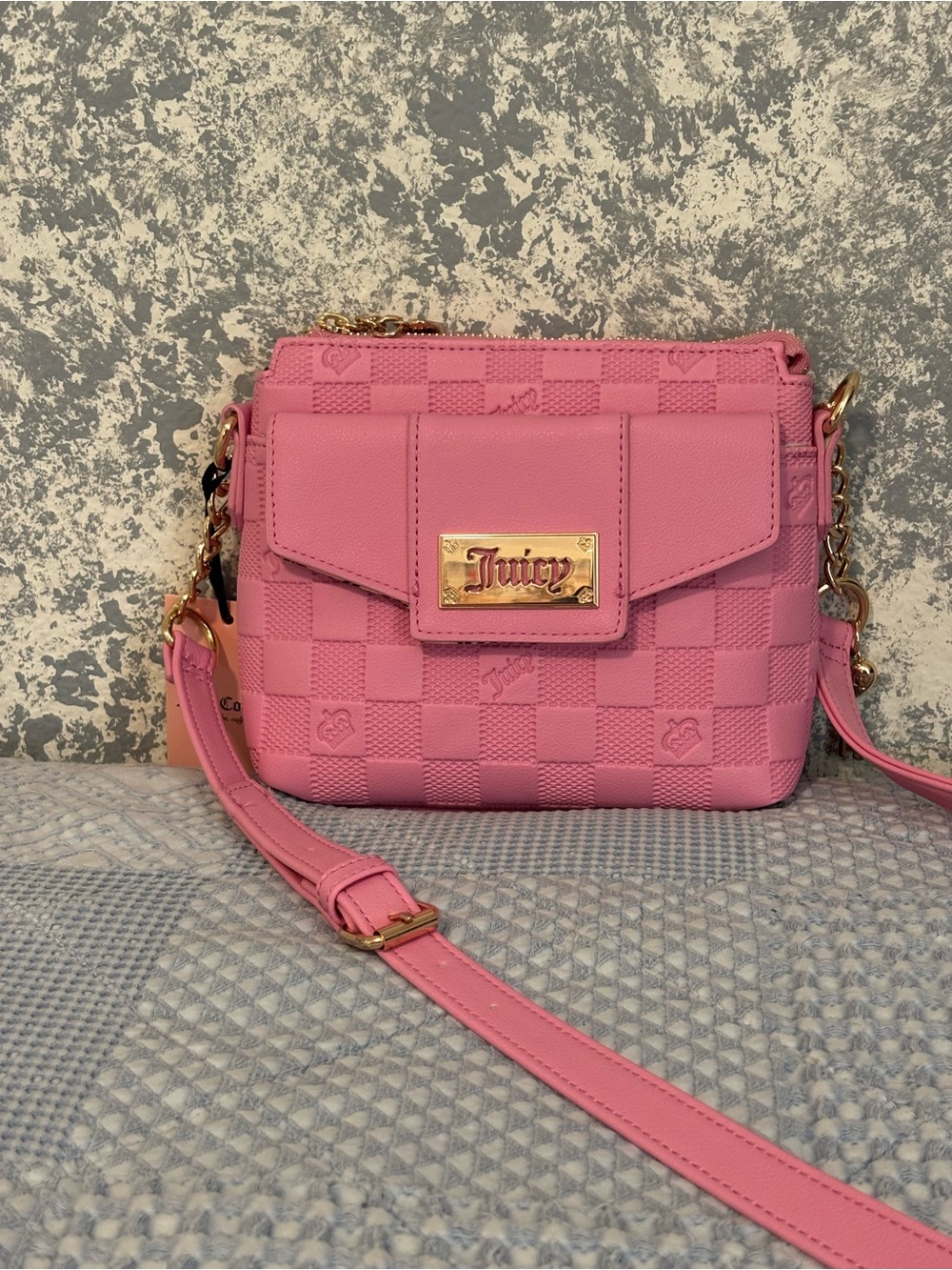 Juicy Couture Bubblegum Pink Checkered Crossbody with Gold Hardware